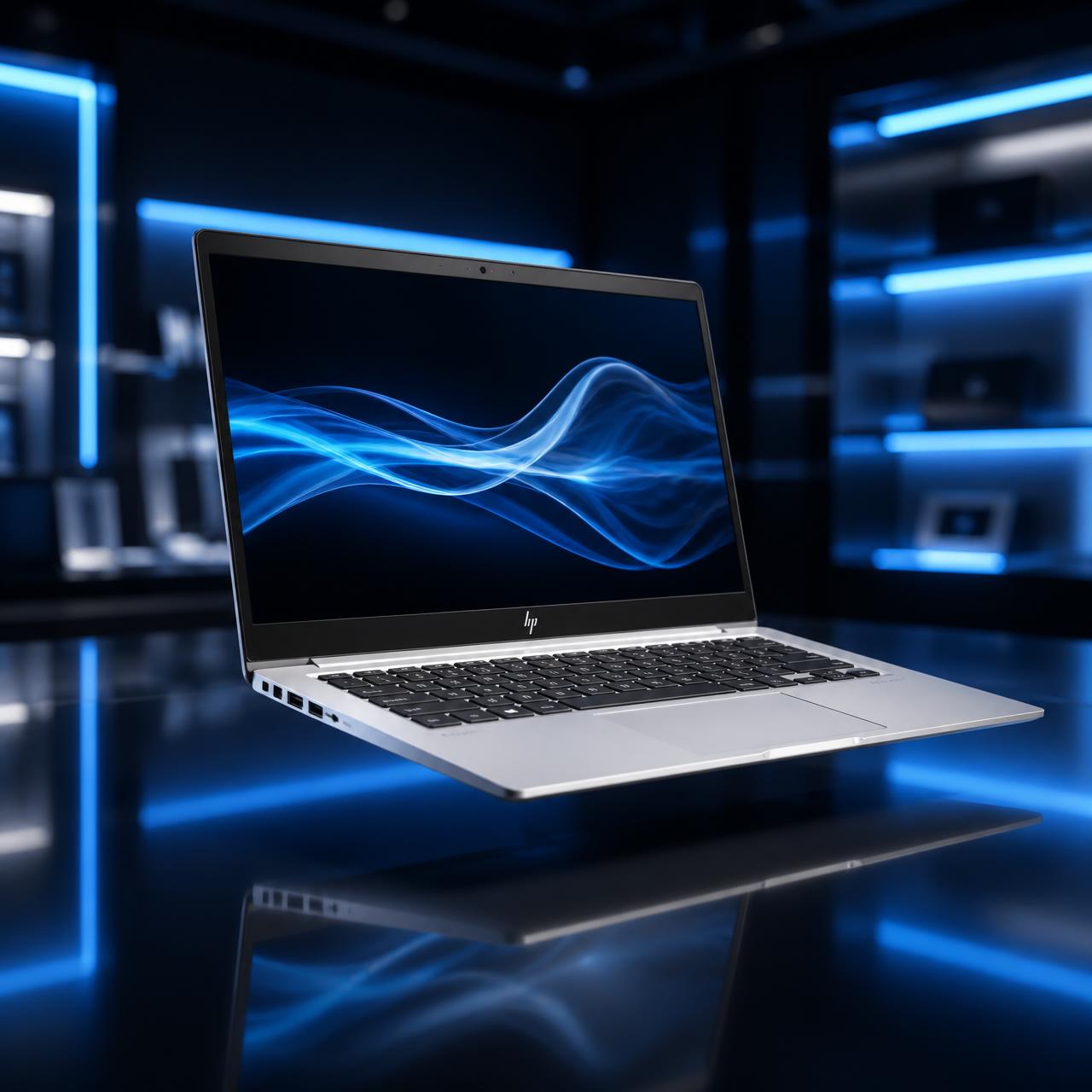 Premium HP EliteBook business laptop in a modern showroom with blue LED lighting